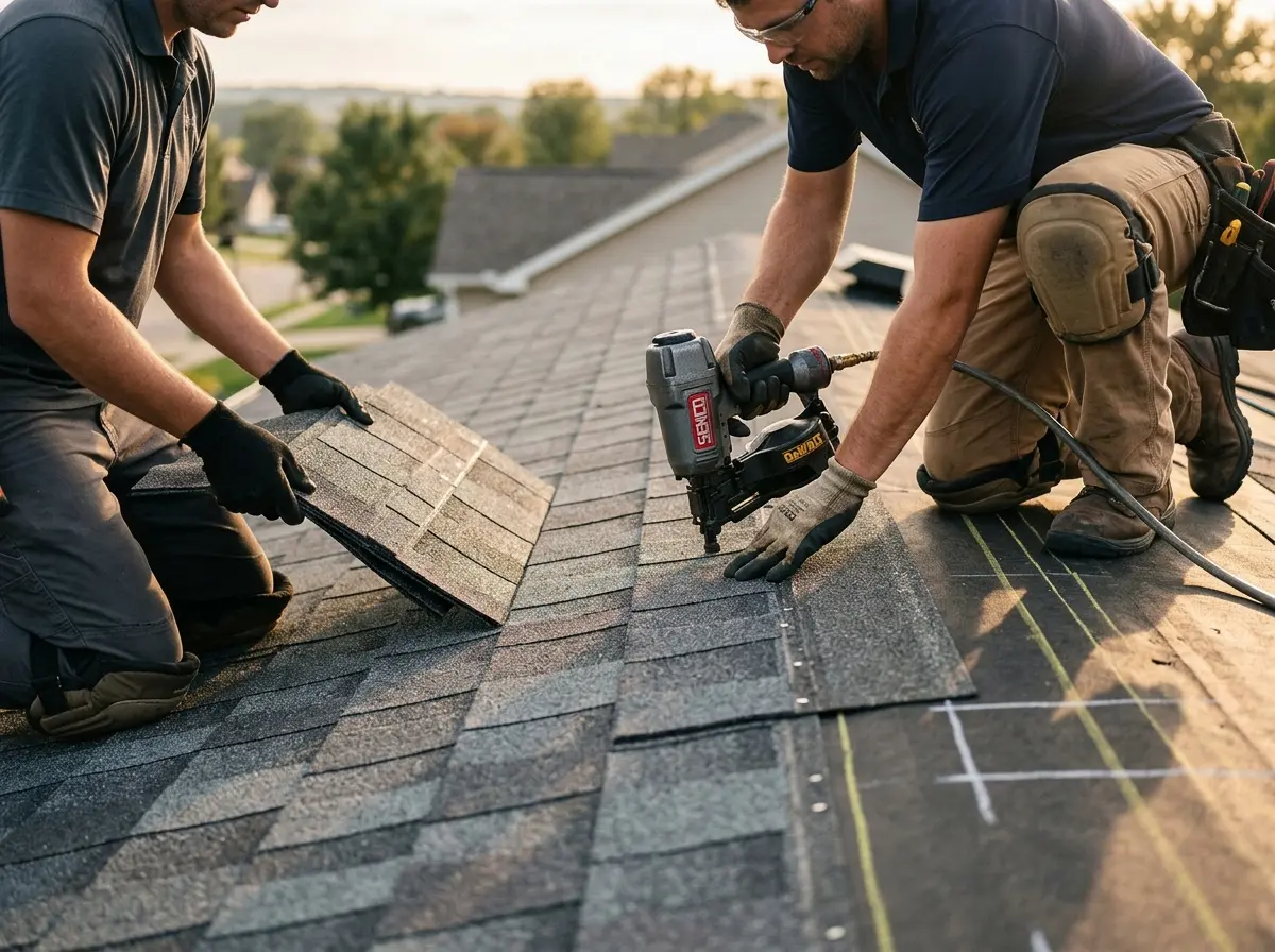 Professional roofer working on a residential roof in Longswamp
